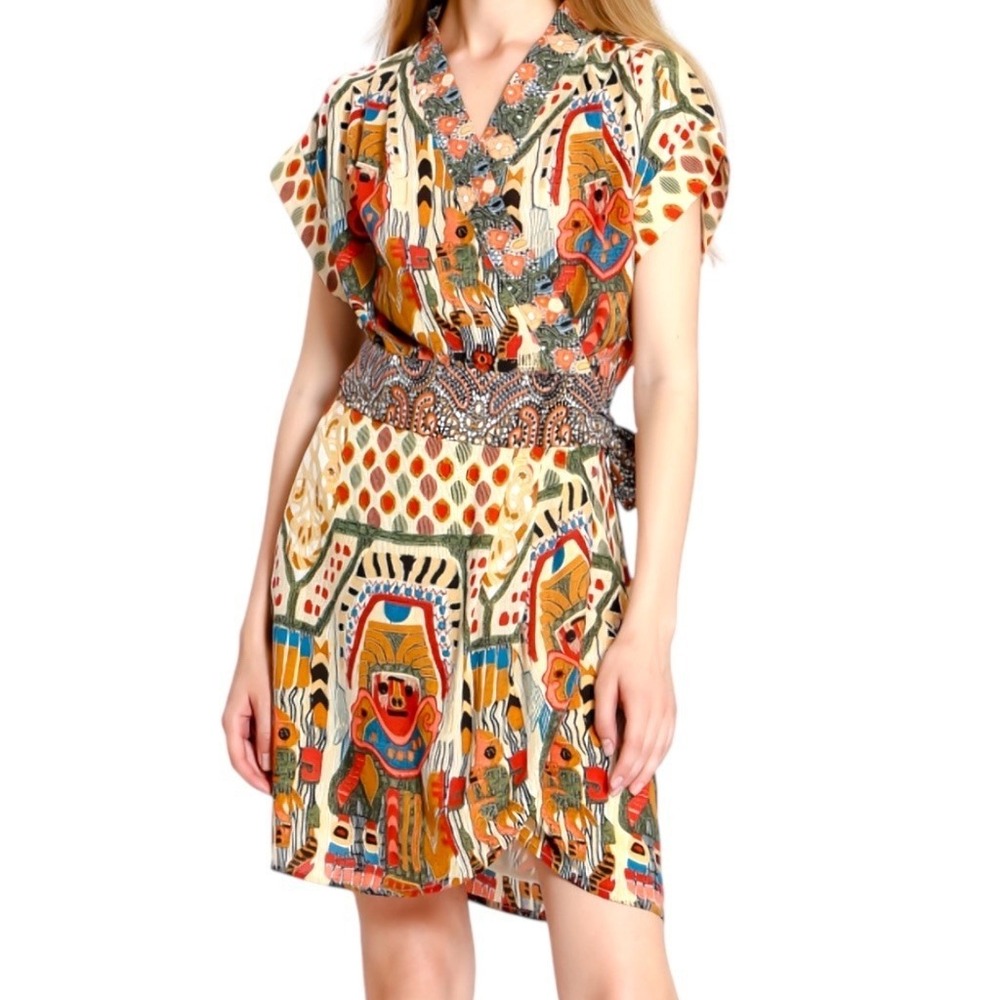 The Korner‎ Women Small Multi Color Aztec Tribal Print Boho Wrap Dress V-Neck